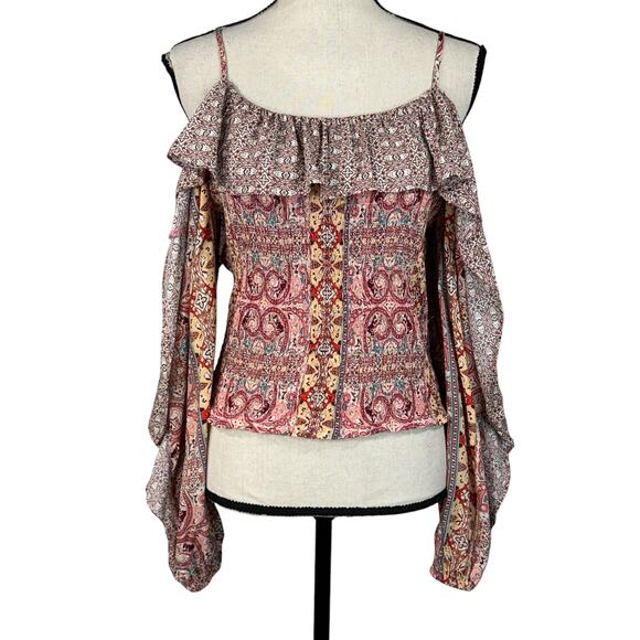 INC Large Cropped Top Geometric Smocked Off-Shoulder Ruffled Balloon Sleeves - Picture 1 of 9